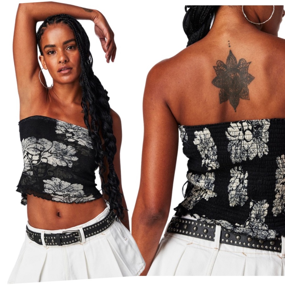 Free People Black Floral Smocked strapless top